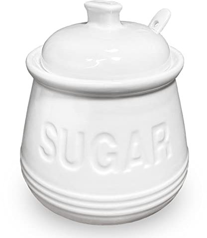NAXIHOPT Sugar Bowl with Lid and Spoon, Ceramic Sugar Containers for Countertop, Sugar Dish Jar Coffee Bar Accessories, Covered Sugar Holder for Kitchen 12oz, White