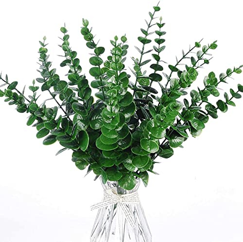 LELUSH 24 Stück Eukalyptus Künstlich, Dunkelgrün Künstliche Eukalyptus Pflanze Blätter Deko Silberdollar Für Hochzeitsfeiern, Party, Home, Tischdeko, Blumenarrangement, Grün