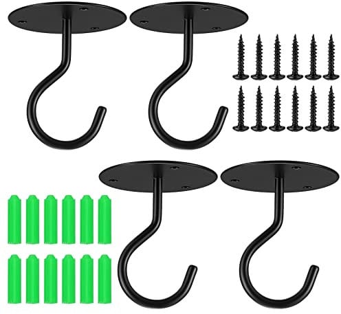 4 Piezas Gancho de Techo para Colgar Plantas, Ganchos para Colgar Montados en Pared, Tornillo en Gancho de Techo para Colgar Comederos de Pájaros, Linternas, Jardineras, con Tornillos, Negro