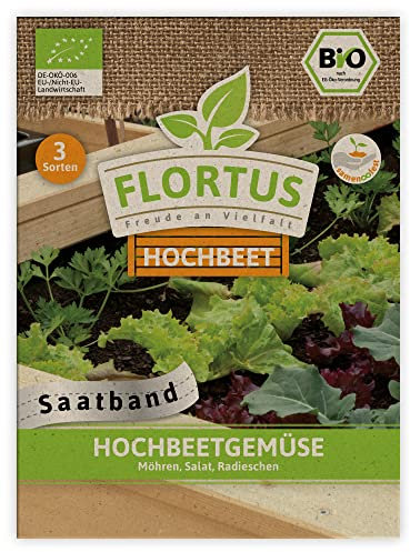 FLORTUS BIO Hochbeetgemüse Saatbänder | 3 Sorten BIO Gemüsesamen im praktischen Saatband | Samen Set für Gemüse Hochbeet | Möhren Samen | Salat Samen | Radieschen Samen | Saatgut BIO