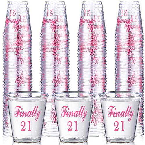 Nuogo 100 Pcs Finally 21 Plastic Shot Glass 2 oz, Clear, Rose Red, 21st Birthday Gift, Shot Glasses for Her, Party Supplies