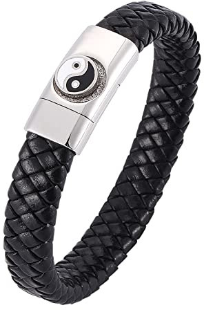 AMDXD Geschenk Für Männer Gay Armband, PU Leder Paar Armbänder Bagua Karte Yin Yang Kette Armband Schwarz Armschmuck Edelstahl mit Magnet Verschluss, Länge 18.5cm