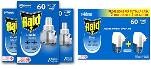 Raid Liquido Elettrico tripla ricarica, 60 Notti, 3 Confezioni da 36 ml + Antizanzare Comuni e Tigre, Inodore, Confezione da 2 Diffusori e 2 Ricariche, 60 Notti