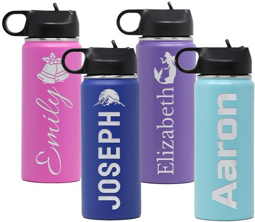 Borraccia termica in acciaio inox con nome e icona, 510 ml, con coperchio a scatto e cannuccia, personalizzabile con incisione personalizzata, regalo per adulti e bambini (piccolo)