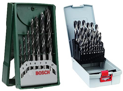 Bosch 7 pces. Kit de forets à bois hélicoïdaux Mini-X-Line & Bosch Professional Ensemble de 25 forets hélicoÏdaux HSS PointTeQ (pour métal, ProBox, accessoires pour perceuses-visseuses)
