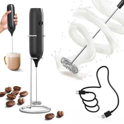 CIRCLE JOY Espumador de Leche Eléctrico de Mano Recargable con Soporte Portátil Mini Batidora Leche Espuma para Capuchino, Café y Leche, Negro