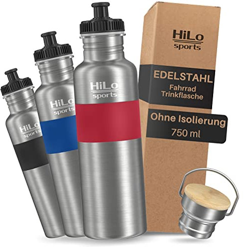 HiLo sports Trinkflasche Fahrrad Edelstahl 750ml - [Ohne Isolierung] - Mit 2 Verschlüssen - Auslaufsichere Fahrrad Trinkflasche - Fahrradflasche geschmacksneutral (Rot)