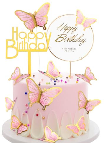 22 Stück Tortendeko Geburtstag Rosa Schmetterlinge Torten Deko Mädchen 3D Dreidimensional Schmetterlinge Cake Topper Geburtstag Happy Birthday Tortendeko Kuchen Deko für Geburtstag Hochzeit Party