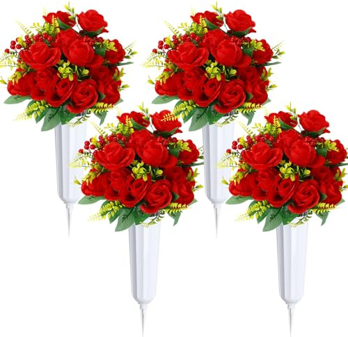 Tigeen Künstliche Friedhofsblumen mit Vase für Grabschmuck, Seide, Vatertag, Gedenktag, Rosenstrauß, Friedhofsdekoration für den Außenbereich, Beerdigung, Grabstein-Arrangement, Weiß, Rot, 4 Sets