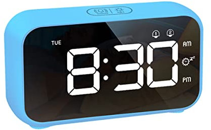 LATEC Réveil Numérique, Réveil LED avec Fonction Snooze, Ports USB de Chargement, Réglage de la Surface du Miroir 12 / 24H pour Le Bureau de la Chambre (Bleu)