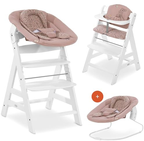 hauck Hochstuhl Alpha+ Newborn Set mit 2in1 Bouncer - Mitwachsender Holz Babyhochstuhl ab Geburt, inkl. Sitzauflage & Neugeborenenaufsatz - Weiß | Bambi
