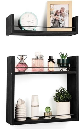 Belle Vous 2 moderne Wandregale - Natürliches rustikales Deko Regal - Regalbrett - Bilder- und Bücherhalter - Für Badezimmer Schlafzimmer - Modernes Fesign - Regalbretter - Schwarz
