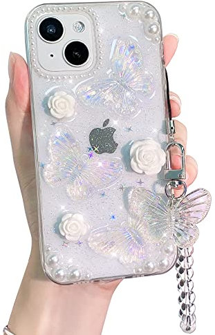 NITITOP Compatible with iPhone 15 Case Cute Clear 3D Butterfly with Flower Floral Pearl Glitter for Girls Women Soft TPU Shockproof Protective Cover Girly - iPhone 15