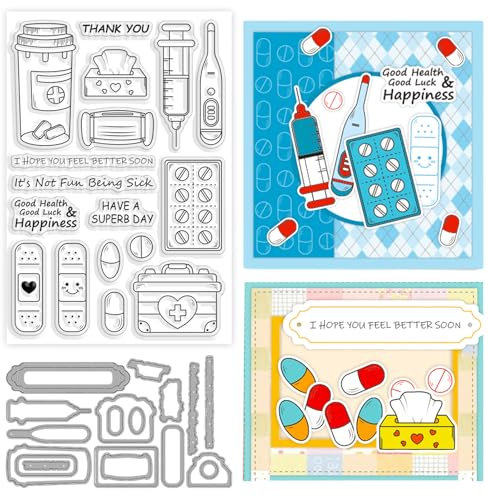 ORIGACH Krank Thema Klare Stempel und Stanzformen Set für die Herstellung von Gute Besserung Karte krank Silikon Stempel Stanzen für DIY Scrapbooking Album dekorative