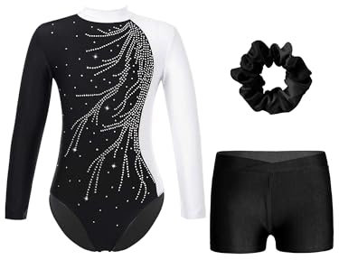 FEESHOW Mädchen Kinder Turnanzug Mit Hose Langarm Turntrikot Gymnastik Body Gymnastik Shorts Und Haargummi Ballett Tanzoutfit Weiß&Schwarz 134-140
