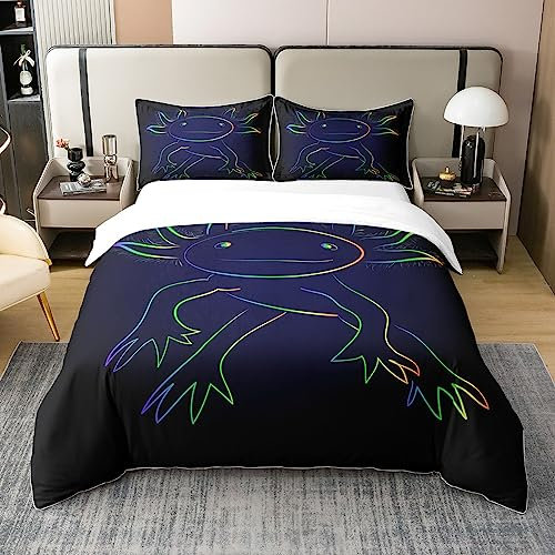 Loussiesd Niedlich Axolotl Bettbezug Set Baumwolle Cartoon Salamander 100% Baumwolle Bettwäsche Set 135x200cm Decor Kawaii Ozean Sealife Betten Set Reptile Tier Blau Bettwäsche-Setchlafzimmer