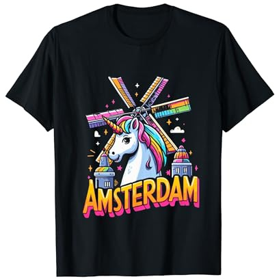 Amsterdam Netherland Unicorn Girls Women Rainbow Windmill T-Shirt