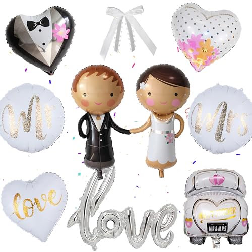 Brautpaar Luftballons Hochzeit Deko Kit - 10 Stück Hochzeit Lieferungen Mr and Mrs Folienballon Love Ballon Brautpaar Figuren Hochzeitsauto für Standesamt Verlobung Hochzeitsfeier