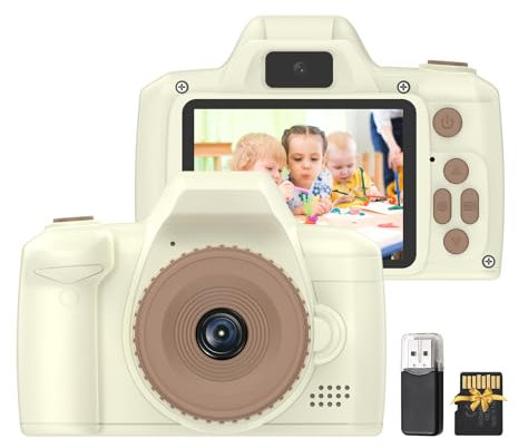 Hanzete 1080P Kids Digital Camera Digital Video Camera for Kids Dual Lens 2.4 Inch IPS Screen Game Playing Music Listening Built-in Battery with Neck Strap 32GB TF Card USB Card Reader Birthday Christ