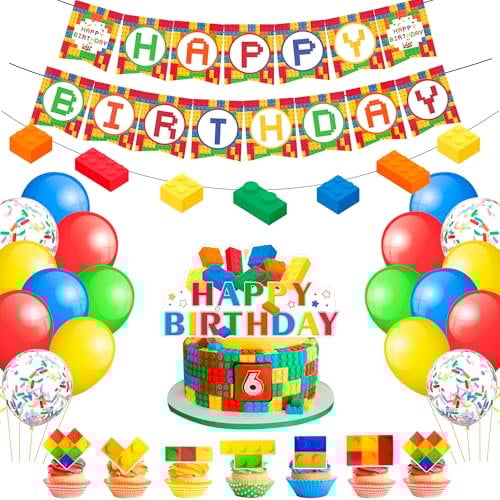 Bausteine Geburtstag Party Deko, 53 Pcs Building Blocks Theme Party Supplies, Baustein Geburtstag Banner, Bausteine Party Luftballons Baustein Geburtstag Tortendeko etc Baustein Party Dekoration