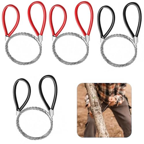 4 Pcs Wire Saw, Metal Serrated Rope Saw, Stainless Steel Cable Saw, Mini Hand Pocket String Wire Rope Saw, Emergency Chainsaw for Outdoors Survival Camping Tree Branch Wood Cutting