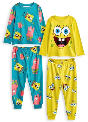 SPONGEBOB SQUAREPANTS Set Pigiama per Bambini, Confezione da 2 | Top a Maniche Lunghe con Grafica Gialla e Blu per Bambini e Pantaloni Pigiama a Gamba Lunga