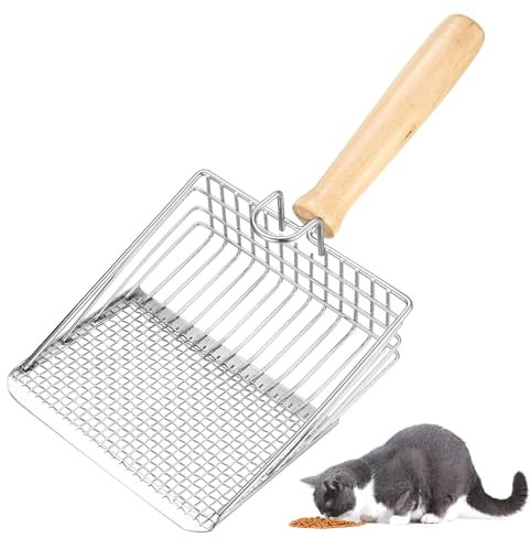 Metal Cat Litter Scoops, Cat Poop Scoop Cat Litter Tray Scoop, Non-Stick Metal Litter Scooper, Fast Sifter Kitten Litter Shovel with Wooden Handle for Clumping Litter Cat Pet Easy Cleaning Tool