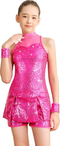 Mulnall Mädchen Pailletten Tanz Kleidung Sparkle Dance Kleid für Kinder Brust Mesh Ärmellos Top und Shorts Jazz Hip Hop Latin Shiny Anzug Outfits Kostüm(0437-03-XL)
