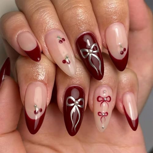 24PCS Red False Nails - Almond Press on Nails - Milky White Based Cherry Red French Tips with Bowknot - False Nails with Glue Glossy Full Cover Removable Nail Art Gifts for Women