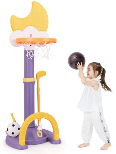 COSTWAY 4 in 1 Kinder Basketballkorb Set, Basketballständer höhenverstellbar mit Basketball & Fußball & Ringwurf, Kinder Spielplatz mit Anzeigetafel, Korbanlage für Kinder ab 3 Jahren (Gelb)