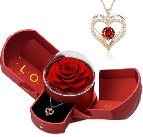 Konservierte echte Rose mit I Love You-Halskette, Geschenke für sie, Frauen, Mutter, Freundin, Rosen-Geschenkbox für Valentinstag, Muttertag, Geburtstag, Jahrestag, konservierte Rose mit Halskette