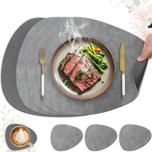 HELI MIAO 4er Set Tischset aus Leder-Imitat,Platzsets abwaschbar und wasserdicht,Platzdeckchen Lederoptik mit Untersetzer,Tischuntersetzer Doppelseitigen rutschfest(Oval,Grau+Dunkelgrau)