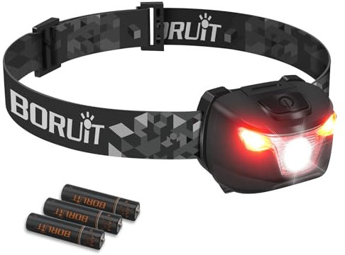 BORUIT Linterna frontal LED, linterna frontal súper brillante con luces de advertencia rojas, 4 modos de iluminación, 36 horas de funcionamiento, faro LED impermeable IP66 para camping, correr