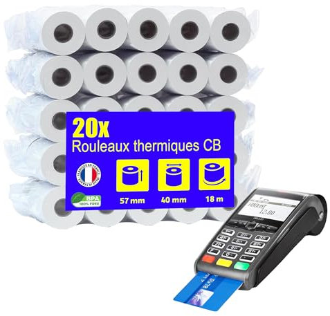 20 rouleaux pour tickets terminal carte bancaire TPE- largeur 57 mm x diamètre 40 mm - 1 pli thermique 55g/m² - Métrage (+/- 2 m) : 18 m - Blanc