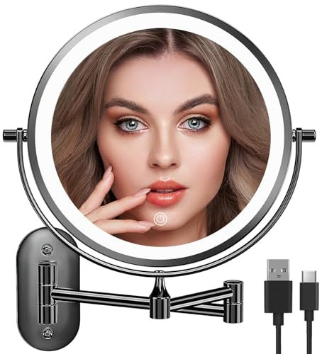 Auxmir Espejo Maquillaje con Luz Pared Aumento 1X/30X Recargable 3200mAh Doble Cara Giratorio 360, Espejo Baño Brazo Extensible Táctil USB, 3 Colores Brillo Regulable, Negro