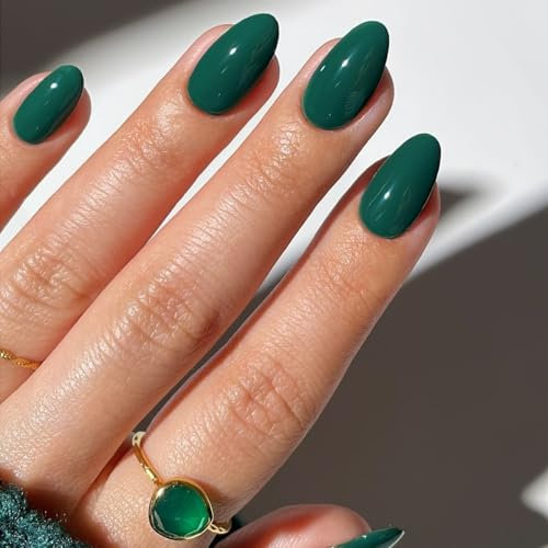 KQueenest Dark Green Press on Nails Short Oval, Short False Nails Almond, Glossy Solid Emerald Round Fake Nails Set, Reusable Natural Gel Stick on Nail for Women Finger Daily Wear 24 Pcs