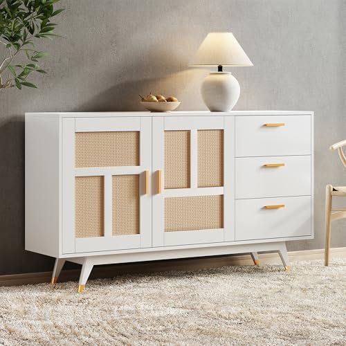 Jaxenor Sideboard mit Schubladen, Sideboard mit 3 Schubladen und 2 Rattan Türen für Schlafzimmer, Küchen, Restaurants, Weiß