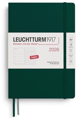 LEUCHTTURM1917 372704 Wochenkalender & Notizbuch Dotted Medium (A5) 2026, Forest Green, Englisch