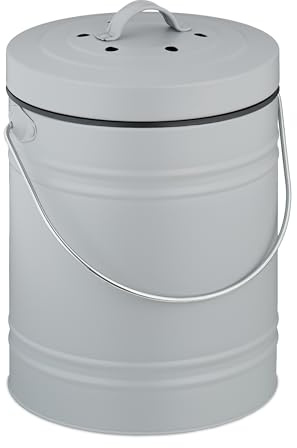 Relaxdays Kitchen Compost Bin, 5 Litres, Iron, Odour Filter, with Lid & Handle, Organic Food Waste Caddy, Round, Grey