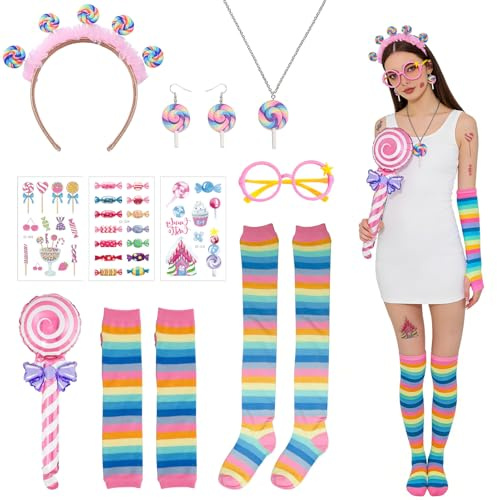 Süßigkeiten Lollipop Kostüme für Damen,KarnevalKostüm Cosplay für Halloween | Candy Kostüm Cosplay für Fasching Weihnachten mit Lollipop Haarreif,Ballon,Tattoos,Brille,Handschuhe,Ohrringe,Halskette