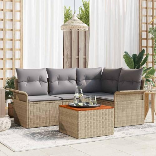 Hoopleep Modulares Gartensofa-Set, 5-teilig, Beige Poly-Rattan mit Kissen, Outdoor Möbel für Terrasse, Wetterfestes Lounge-Set für 4 Personen