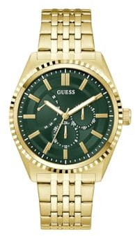 Guess Camden Herren Uhr 44 mm Edelstahl – Quarz Analog Armbanduhr Edelstahlarmband Gold, Fashion Uhr Herrenuhr Grün mit Datum Leuchtzeiger, 5 bar GW1051G2