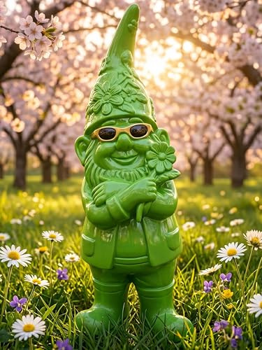 Pommerntraum ®| Dekofigur Sammlerfigur DesignZwerg Gartenzwerg Zwergenfigur | Pop-Art Zwerg Zwergenskulptur Wichtel Troll Terrassendeko Geschenkidee Gartenschmuck Wohndeko Retro (Grün mit Brille + Blume)