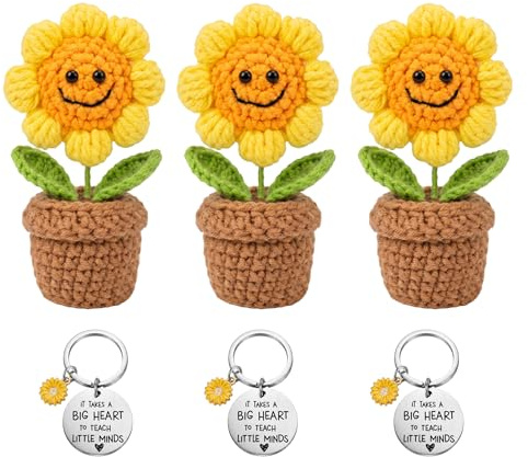 Teacher Gifts, 3 Sets Crochet Sunflower Plant Toy with Inspirational Keyring,Thank You for Helping Me Grow Appreciation Presents for Teachers, Best End of the Year Teacher Leaving Gifts for Women Men