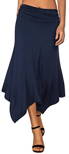 DJT Damen Elastisch Plissierte Taille Elegant Rock A-Linie Faltenrock Midi Rock mit Taschentuch Saum Dunkelblau S