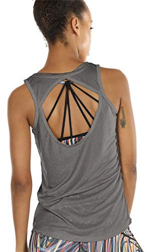 icyzone Damen Yoga Sport Top Rückenfrei Fitness Shirt Ärmellos Leichte Training Tank Tops (S, Grey)
