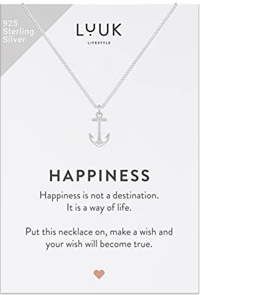 LUUK LIFESTYLE Halskette aus 925er Sterlingsilber mit Anker Anhänger und HAPPINESS Geschenkkarte, Reiseglücksbringer, Damenschmuck, trendiges Accessoire für Frauen, Freundin und Verlobte, Silber