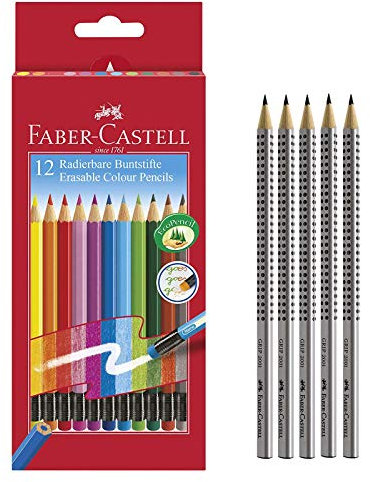 Faber-Castell Radierbare Buntstifte mit Gummitip, 12er Kartonetui + 5 Bleistifte (HB, 2B, B, H, 2H)