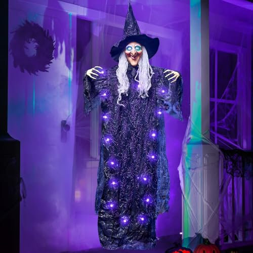 JOYIN Decoración de Bruja Parlante Colgante de 183 cm (Verde) con Ojos Iluminados y Función de Activación de Sonido para Decoración de Casa Encantada de Halloween