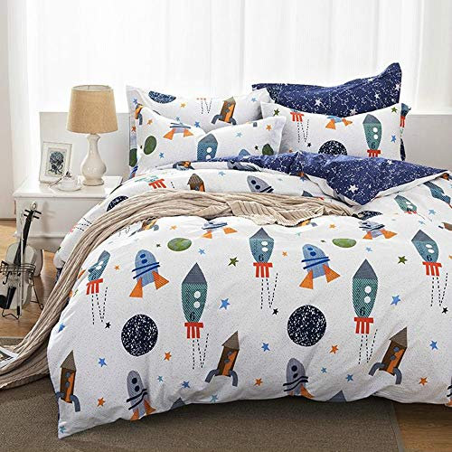 Qucover Bettwäsche 155x220cm Baumwolle 100% Bettbezug mit Reißverschluss Wendedesign Weiß Blau Rakete Sterne Planeten Muster mit Kissenbezug 50x75cm